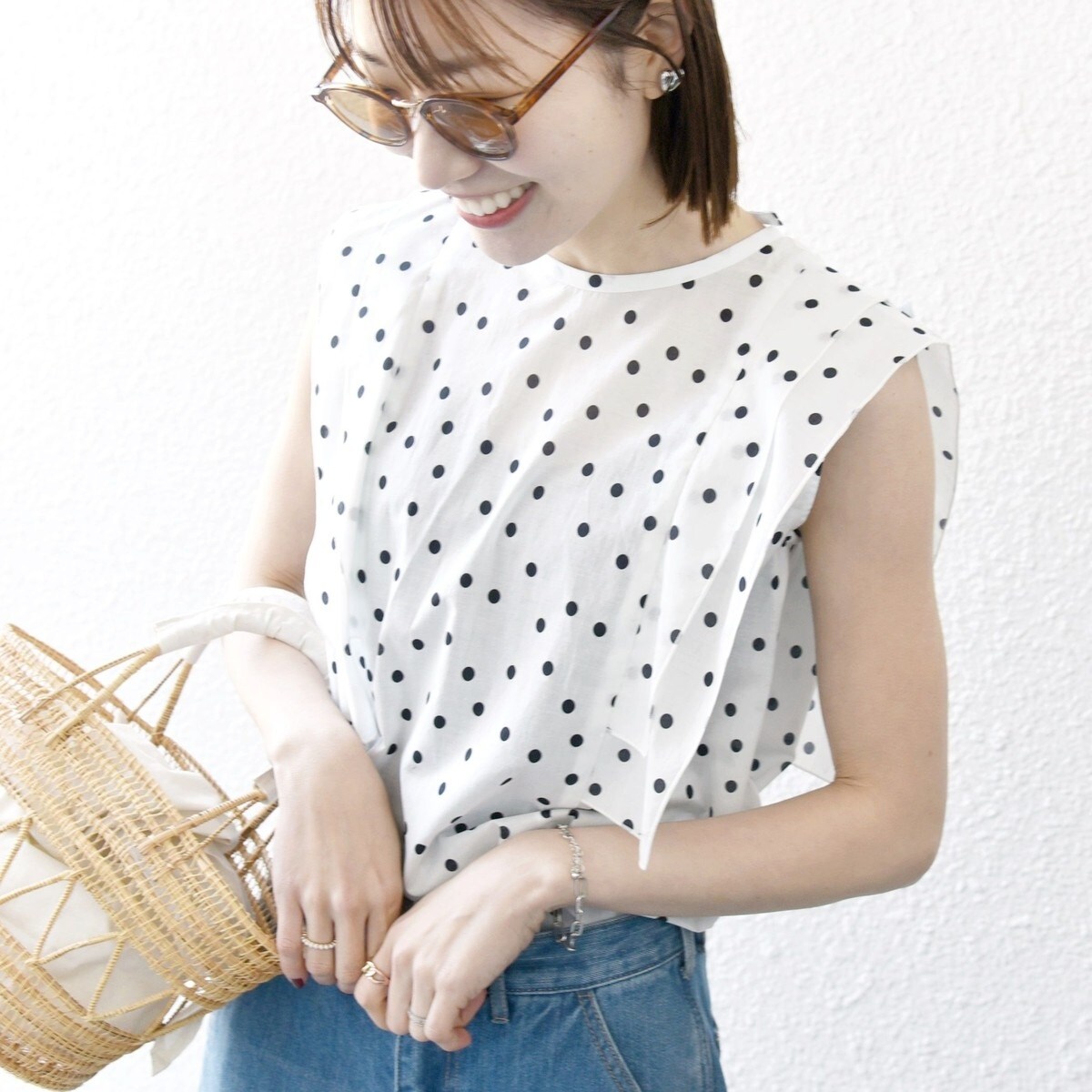 SHIPS 購入 ドットフリルピンタックショートスリーブブラウス SHIPS