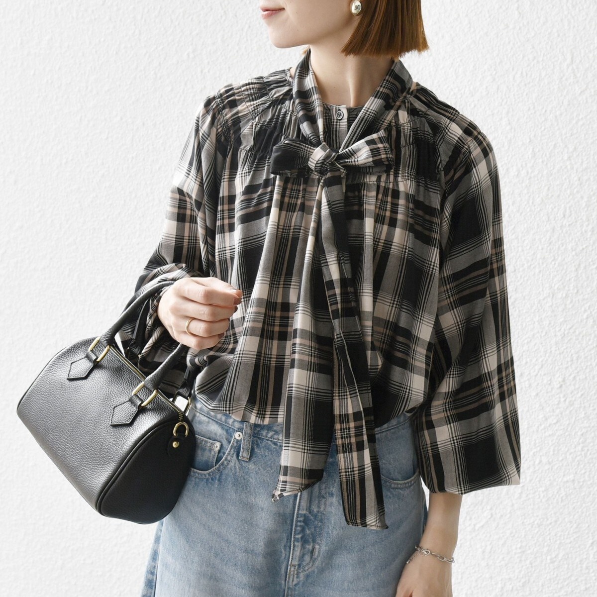 SHIPS any:〈洗濯機可能〉ペール チェック ボウタイ リボン パフ