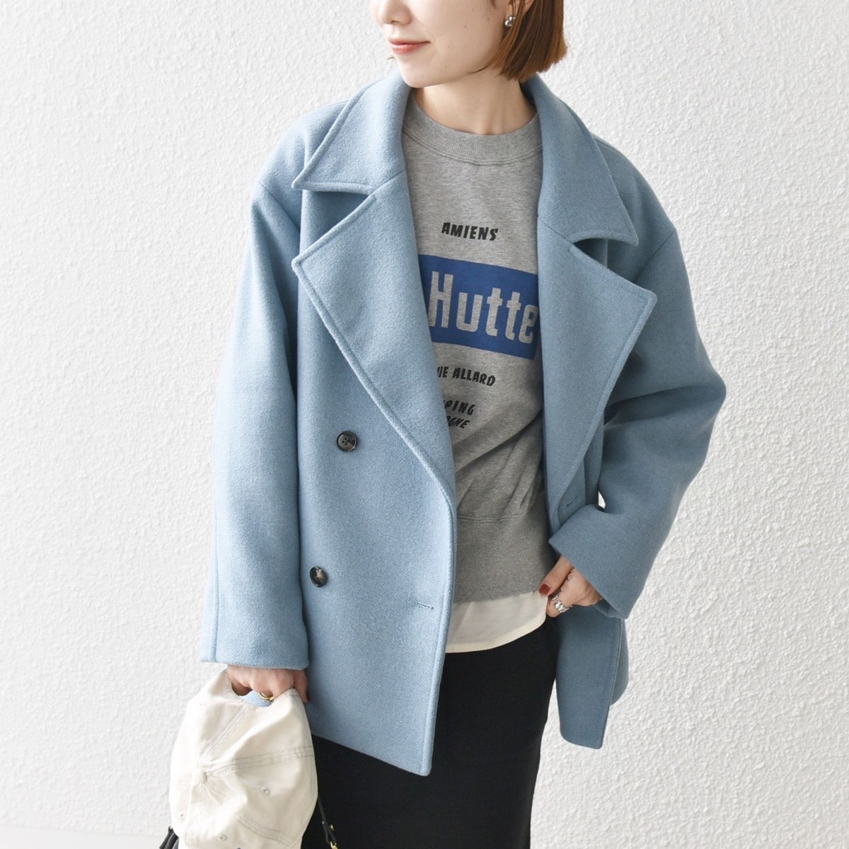 美品【SHIPS any】ウールミックスコクーンショートコート ブルー SHIPS any: ウール ミックス コクーン ショート Pコート