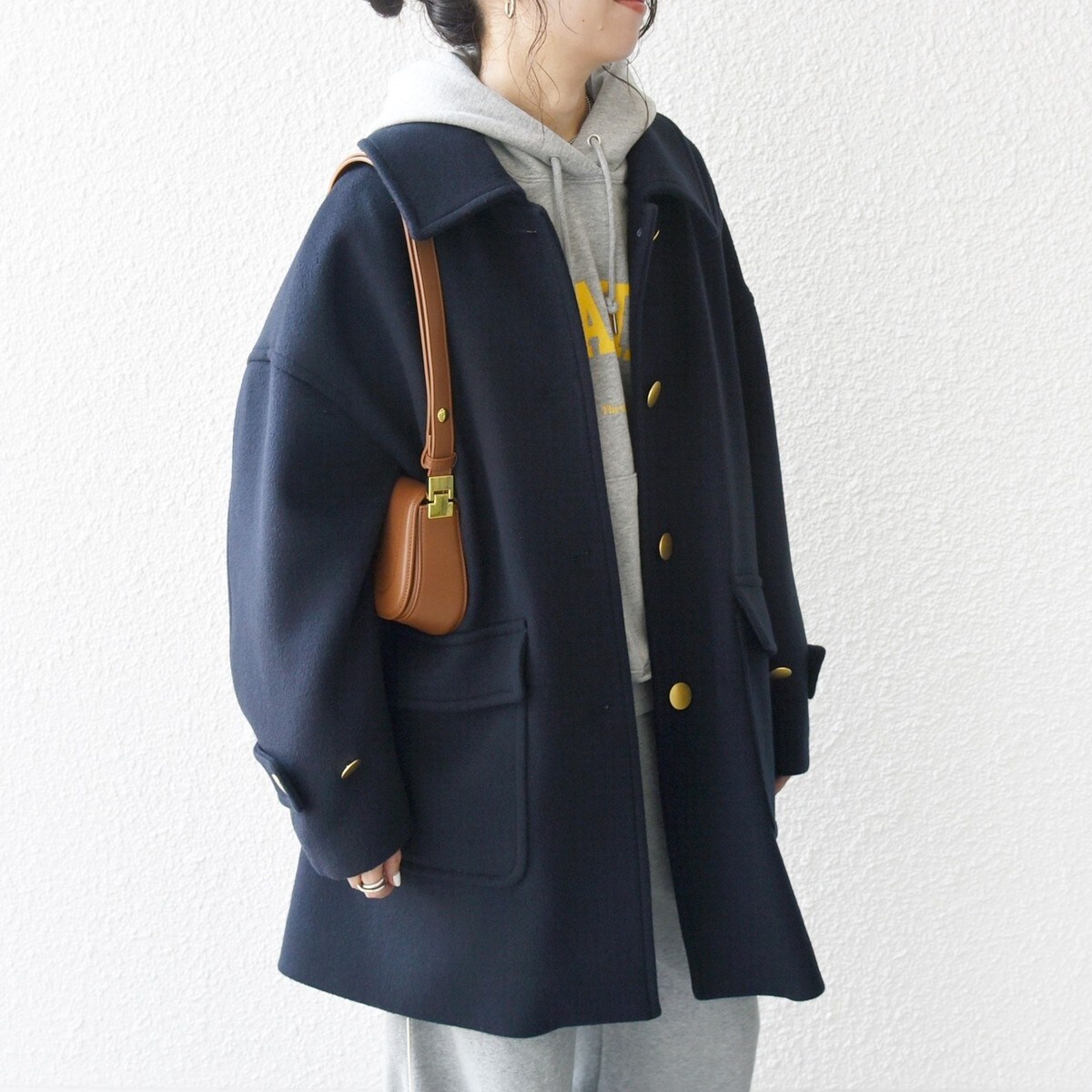 SHIPS ノンミュールジングウール ノーカラー ミディ ジップ コート 黒