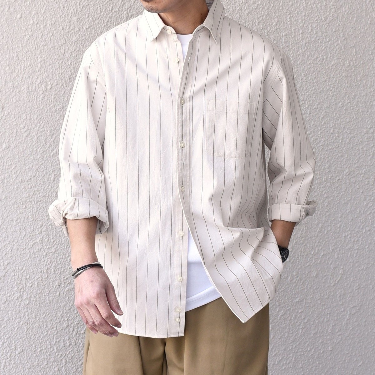 SHIPS any:〈洗濯機可能〉コットン/リネン ストライプ 7分袖