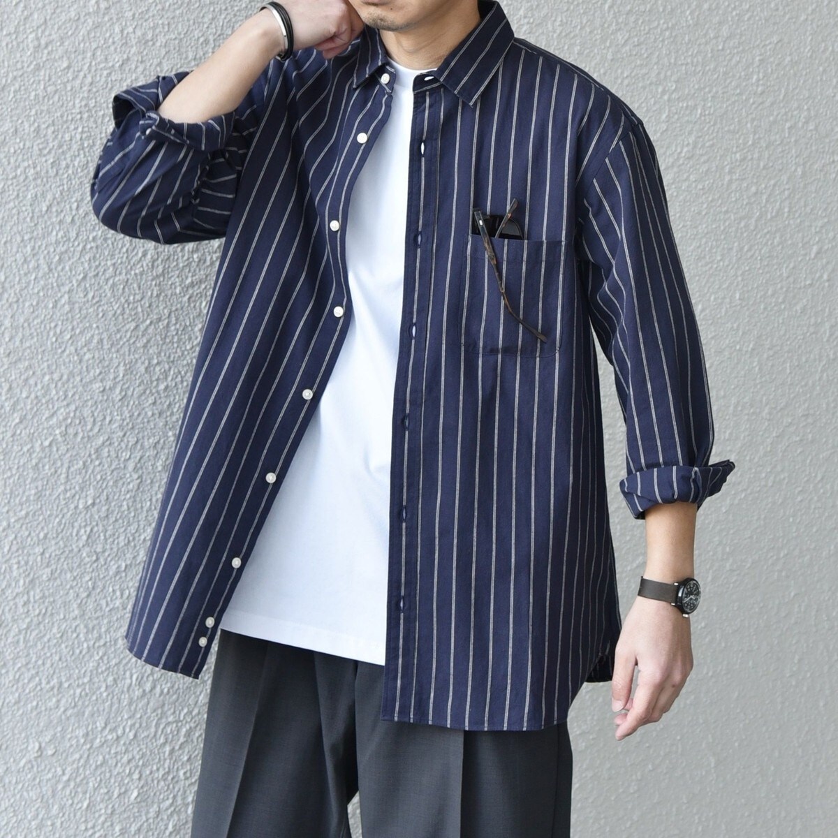 SHIPS any:〈洗濯機可能〉コットン/リネン ストライプ 7分袖