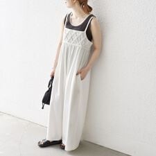 bon_meur:〈手洗い可能〉ロープ編み コットン ワイド ギャザー サロペット