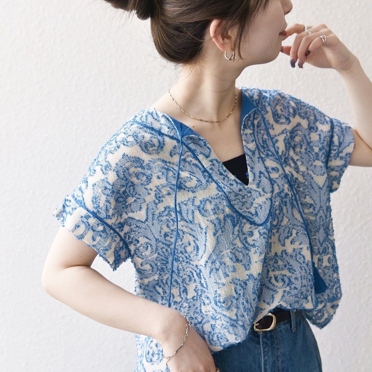 シップス エニィ（SHIPS any）/SHIPS any:〈手洗い可能〉メッシュ ジャカード カフタン スキッパー ブラウス SHIPS any:〈手洗い可能〉メッシュ ジャカード カフタン スキッパー