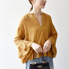 《予約》SHIPS any:〈洗濯機可能〉コットン モス ラッフル フリル キーネック ブラウス