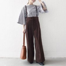 SHIPS any:〈手洗い可能〉コーデュロイ サスペンダー付 ハイウエスト ワイド パンツ