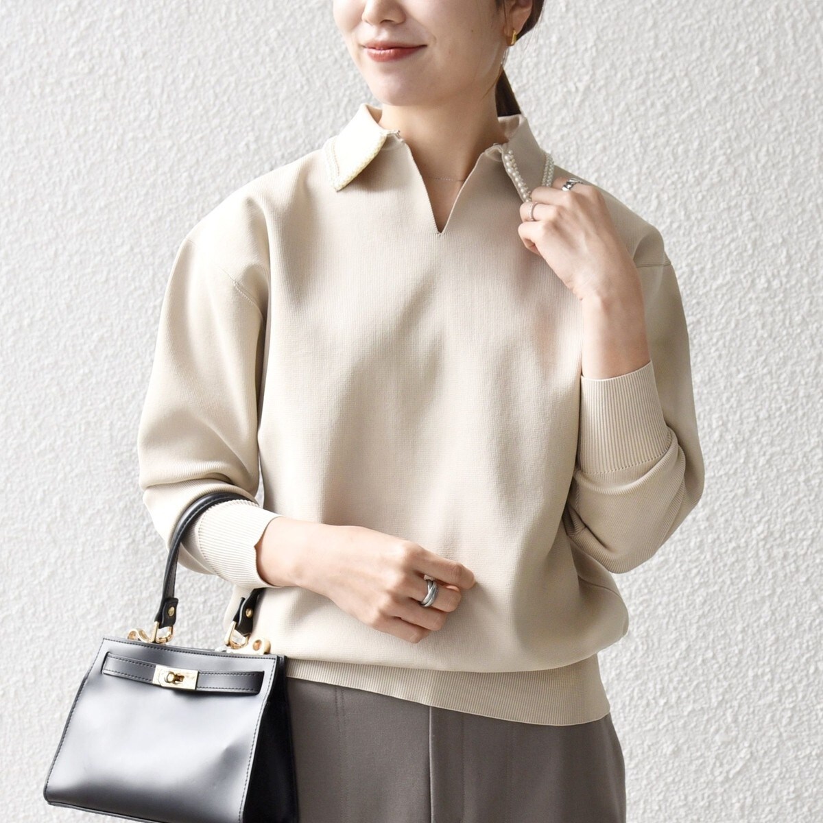 SHIPS any:〈手洗い可能〉パール モチーフ 襟付き スキッパー ニット