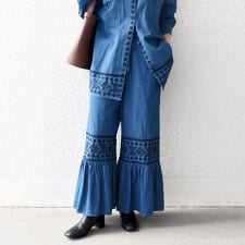 《予約》bon_meur:〈洗濯機可能〉エンブロイダリー ギャザー フレア デニム イージー パンツ
