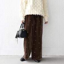 SHIPS any:〈手洗い可能〉ポリエステル ベロア 刺繍 ストレート ワイド パンツ