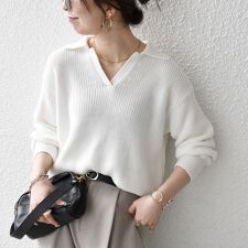 SHIPS any:〈手洗い可能〉コットン ミックス スキッパー ポロ ニット プルオーバー