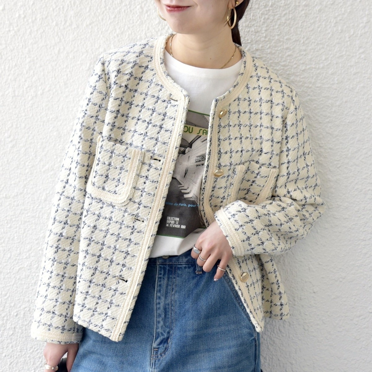 quaranciel: ファンシー ツイード ノーカラー ジャケット