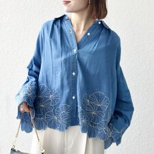 SHIPS any:〈手洗い可能〉シアー デニム フラワー エンブロ タック シャツ