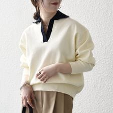 SHIPS any:〈手洗い可能〉バイカラー スキッパー ニット プルオーバー