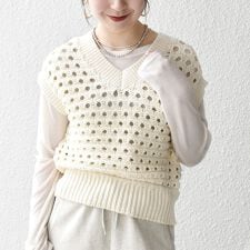 SHIPS any:〈手洗い可能〉コットン ミックス 透かし編み Vネック ベスト