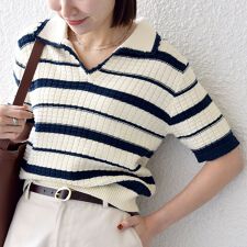 SHIPS any:〈手洗い可能〉バスケット編み 配色 マルチボーダー ポロ ニット