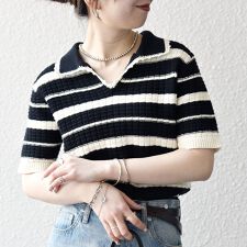 《予約》SHIPS any:〈手洗い可能〉バスケット編み 配色 マルチボーダー ポロ ニット