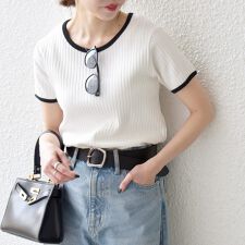 《予約》SHIPS any:〈洗濯機可能〉テレコ リブ バイカラー ショートスリーブ TEE