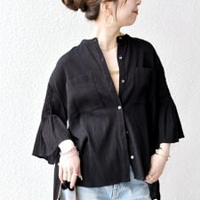 《予約》SHIPS any:〈洗濯機可能〉楊柳 シアー バンド カラー フレア シャツ