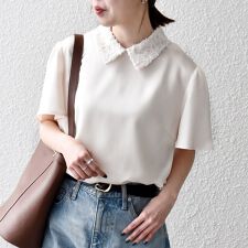 《予約》SHIPS any:〈洗濯機可能〉サテン レースカラー ショートスリーブ ブラウス