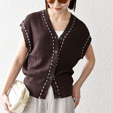 《予約》SHIPS any:〈手洗い可能〉リネン レーヨン ステッチ 編み Vネック ベスト