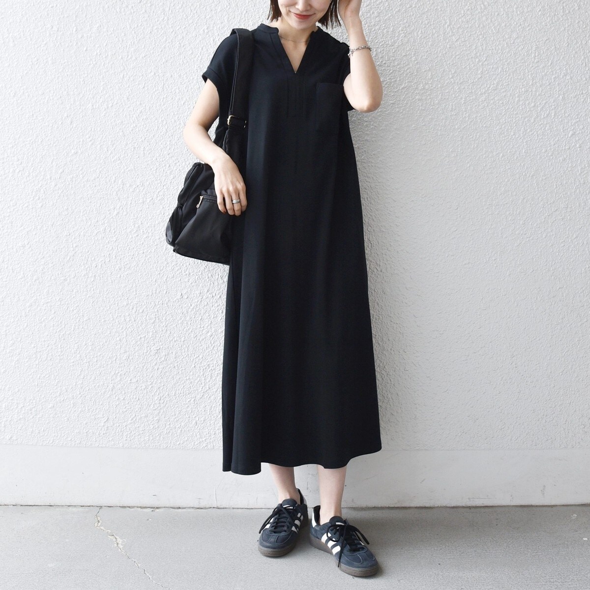 美品✨️アマカ 40Gポンチワンピース ジャージ スキッパー Aライン 洗える SHIPS any:〈接触冷感/汗染み防止加工/洗濯機可能〉スキッパー Aライン