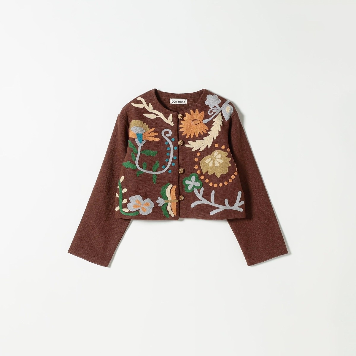 bon_meur:〈洗濯機可能〉フラワー 刺繍 ノーカラー ジャケット