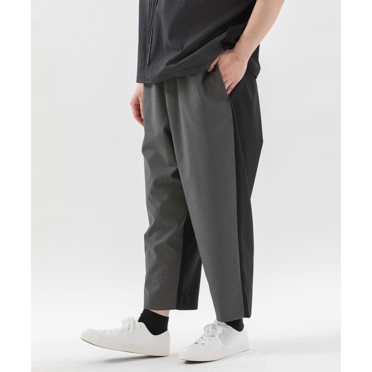 Pommeリネンレーヨンpolka刺繍ボリュームタックパンツ