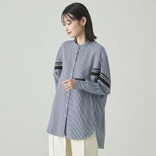 【着用しわ軽減/吸水速乾】ニットコンビストライプブラウス