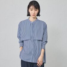 【着用しわ軽減/吸水速乾】ストライプガンパッチブラウス