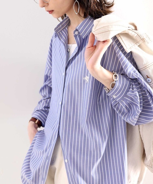 切り替えストライプシャツ ペールカラー リブ襟 刺繍 日本製 レトロ