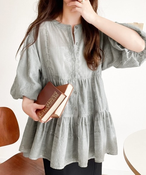 秋新作 ふんわり甘さと涼し気纏う花柄ドット刺繍楊柳ペプラムフレア