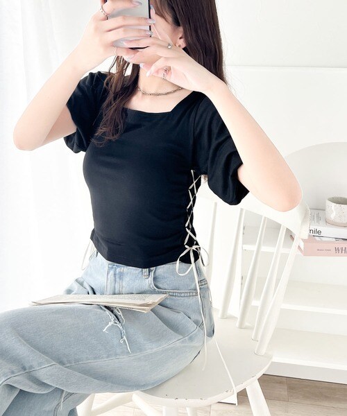 美品 amitie リボン レース Tシャツ カットソー ブラック L レースリボンTシャツ[ze872] | レディースファッション通販の