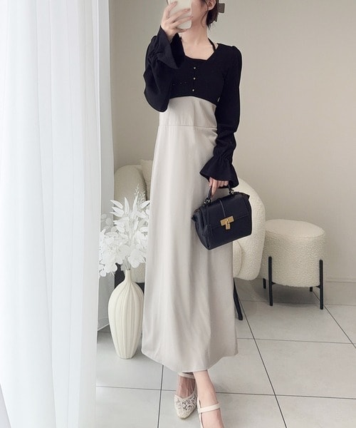 2way リボンタイ付きチュールレイヤードデザイン フリル襟ドッキングワンピ 2way リボンタイ付きチュールレイヤードデザイン フリル襟ドッキングワンピ