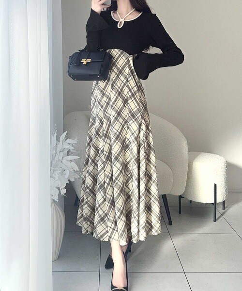 25AW新作【mily bilet】シャツ襟チェックアシメフリルドッキングロング