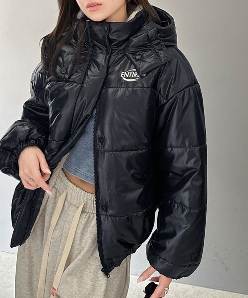 ファー&レザー 裏地地図柄 異素材ドッキング ノーカラージャケット 短