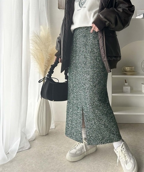 超安い品質 美シルエットで上品見え♪ツイードヘリンボーンハイウエスト スカート