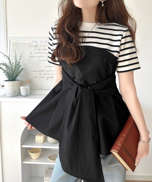 一枚でトレンドコーデが完成♪ビスチェ風2wayリボン使いサッカー素材