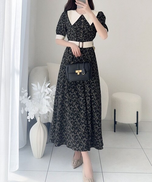 25AW新作【mily bilet】シャツ襟チェックアシメフリルドッキングロング