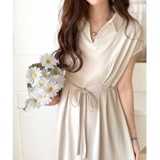 【接触冷感】選べる2丈！ウエストリボンスキッパー美ライン半袖ワンピ（UVカット 防シワ機能付き ）