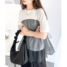1枚で主役級！綿100%Tシャツ+チュールドッキングドロスト使いトップス(半袖）