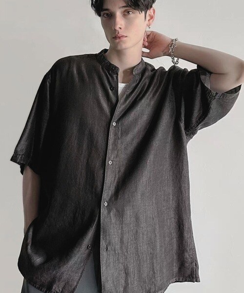 [}C]Rayon Denim Band Collar Relaxed Shirt^[YtBbgfj/NVJGtiClassical Elfj ubN