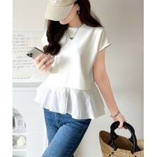 楽ちんなのに上品見え！裾フレア異素材切替フレンチスリーブブラウス