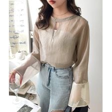 袖口メッシュが抜け感◎前後2WAY袖口メッシュ切替シアーオーバートップス（長袖）