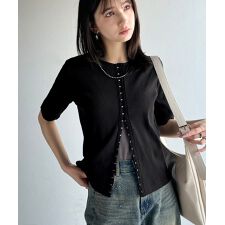 大人の抜け感カジュアル。綿100％前後2way5分袖フロントホックカーディガンリブトップス