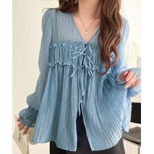 【mily bilet】軽やかガーリー。リボン使いシアー楊柳フリルカーディガン