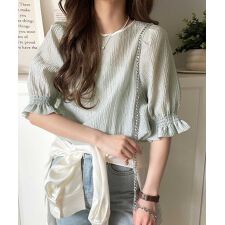 涼しげ＆透明感◎配色パイピング バルーンフリルスリーブ楊柳ブラウス（プルオーバー）