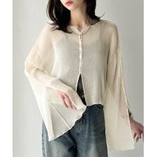 大人の上品な透け感を纏う。前後2wayシアー楊柳素材フレアスリーブブラウスカーディガン（長袖）