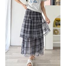 【mily bilet】大人可愛いエアリーな存在感。アシンメトリーフリルチェックチュールスカート