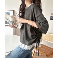 体型カバーも叶う！重ね着風で即こなれ感♪ レイヤード風サイドドロスト裾 綿100％レースビッグT