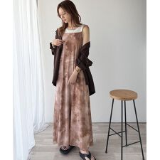 そよ風シフォン♪前後2wayチュールレイヤードロングキャミワンピース（ブラック＆マーブル柄）